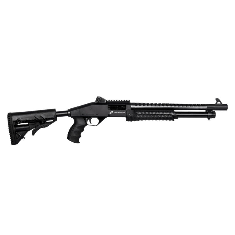 ESPINGARDA CBC PUMP MILITARY 3.0 CORONHA RETRÁTIL CALIBRE 12 CANO 16" COM ACESSÓRIOS